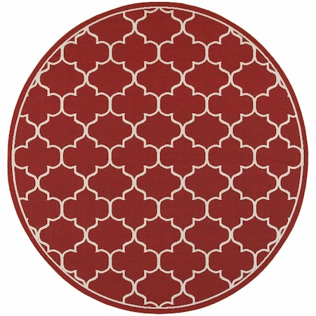Homeroots 8 ft. Round Red & Ivory Trellis Indoor & Outdoor Area Rug 388664